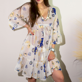 (M/L) Robe Nomad Sari Collection On the Med – Motif Oeil Porte-bonheur Blanc, Bleu & Doré