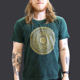 T-shirt Délavé à la Pierre Taille L - Mandala - Vert