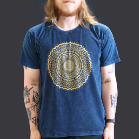 T-shirt Délavé à la Pierre Taille L - Mandala - Bleu