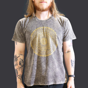 T-shirt Délavé à la Pierre Taille L - Mandala - Gris Foncé