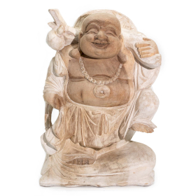 Statue de Bouddha Sculptée à la Main - 30 cm - Bois Blanchi - Tache sur la Tête