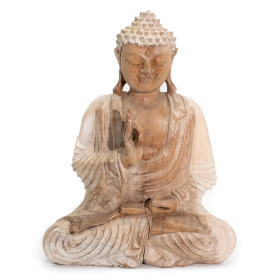 Statue de Bouddha Sculptée à la Main - Transmission de l\'Enseignement 30 cm - Blanchi à la Chaux - Bois Fissuré