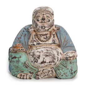 Statue de Bouddha Sculptée à la Main - Menthe Bleue Vintage - 30 cm - Happy Bouddha - Bois Fissuré
