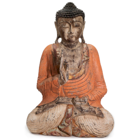 Statue de Bouddha Vintage Orange Sculptée à la Main - 60 cm - Transmission Pédagogique - Bois Fissuré