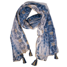 Nomad Sari  - Foulard d\'Été-  180x50cm - Imprimé Marbella - Bleu avec Bordure Dorée