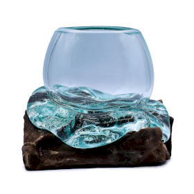 Mini Bol A Poisson Rouge En Verre Fondu Sur Bois