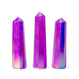 3x Obélisques En Pierres Précieuses, env. 9 cm – Quartz Cristal Aura – Violet