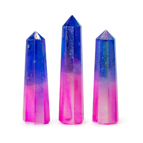 3x Obélisques En Pierres Précieuses, env. 9 cm – Quartz Cristal Aura – Rose Et Bleu