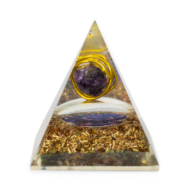 Pyramide d’Orgonite Moyenne 7 x 6 cm – Améthyste Enveloppée – Pépites de Cuivre