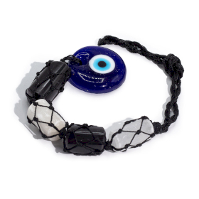 Pendentif Pierre Suspendue – Tourmaline Noire & Sélénite Polie – Œil Protecteur