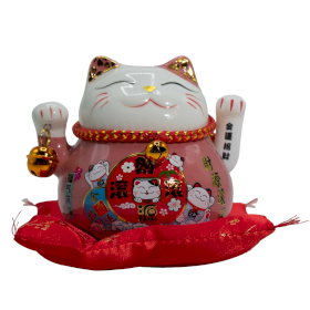 Chat Porte-Bonheur en Céramique à Patte Mobile – Rose sur Coussin (pile non incluse)
