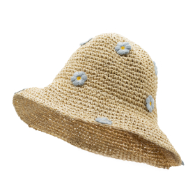 Chapeau De Soleil En Paille – Beige Et Fleurs Bleues
