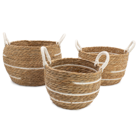 Grandes Panières en Coton & Herbe Marine – Rayures Naturelles – Lot de 3 (32,5 cm 29,5 cm 24 cm)