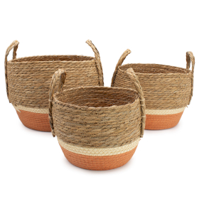 Grandes Panières en Paille & Herbe Marine – Naturel & Orange – Lot de 3