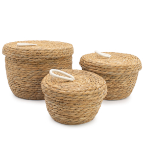 Panières Rondes avec Couvercles en Herbe Marine & Coton – Naturel – Lot de 3