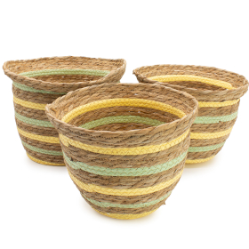 Panières en Forme de Vase en Herbe Marine & Paille – Jaune & Vert Naturel – Lot de 3