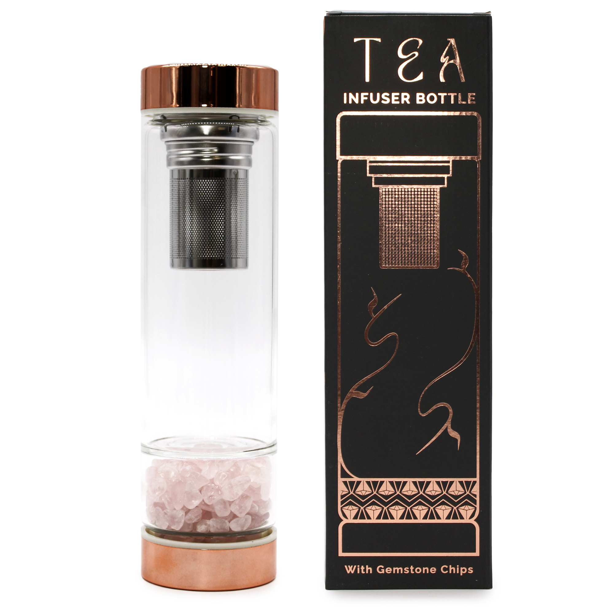 Bouteille Infuseur à Thé en Verre de Cristal - Or Rose - Quartz Rose -  AWGifts France - Votre grossiste de Cadeaux dans toute l'Europe